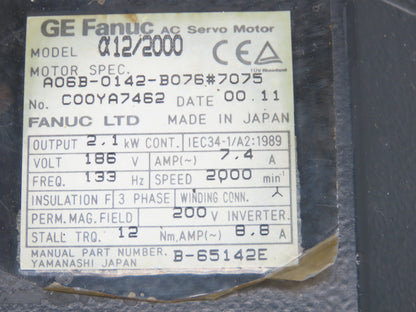 Fanuc A06B-0142-B076 AC Servo Motor 2.1kW 186v 3Ph 2000RPM Encoder A8600360V511