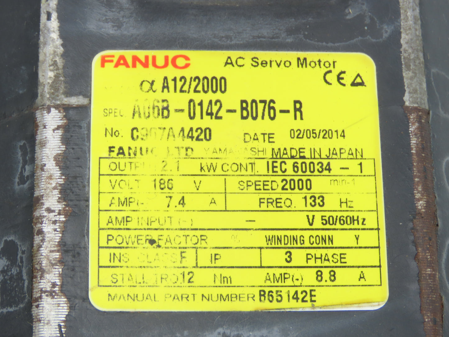 Fanuc A06B0142B076R AC Servo Motor 2.1kW 186V 3Ph 2000RPM Encoder A8600360V511