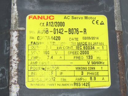 Fanuc A06B0142B076R AC Servo Motor 2.1kW 186V 3Ph 2000RPM Encoder A8600360V511