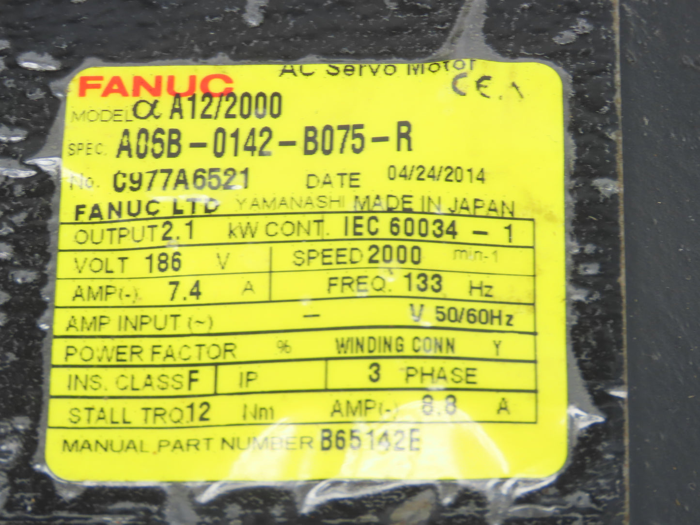 Fanuc A06B0142B075R AC Servo Motor 2.1kW 186V 3Ph 2000RPM Encoder A8600360V501