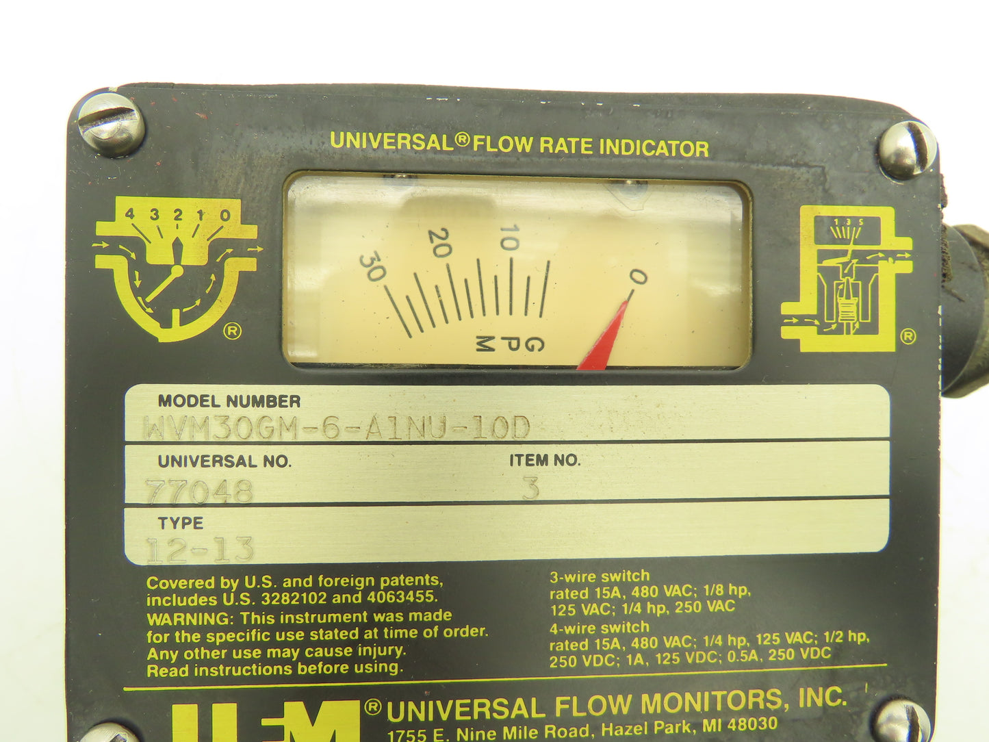 Universal Flow Monitors WVM30GM-6-A1NU-10D Brass Flow Meter 30GPM 3/4"NPT