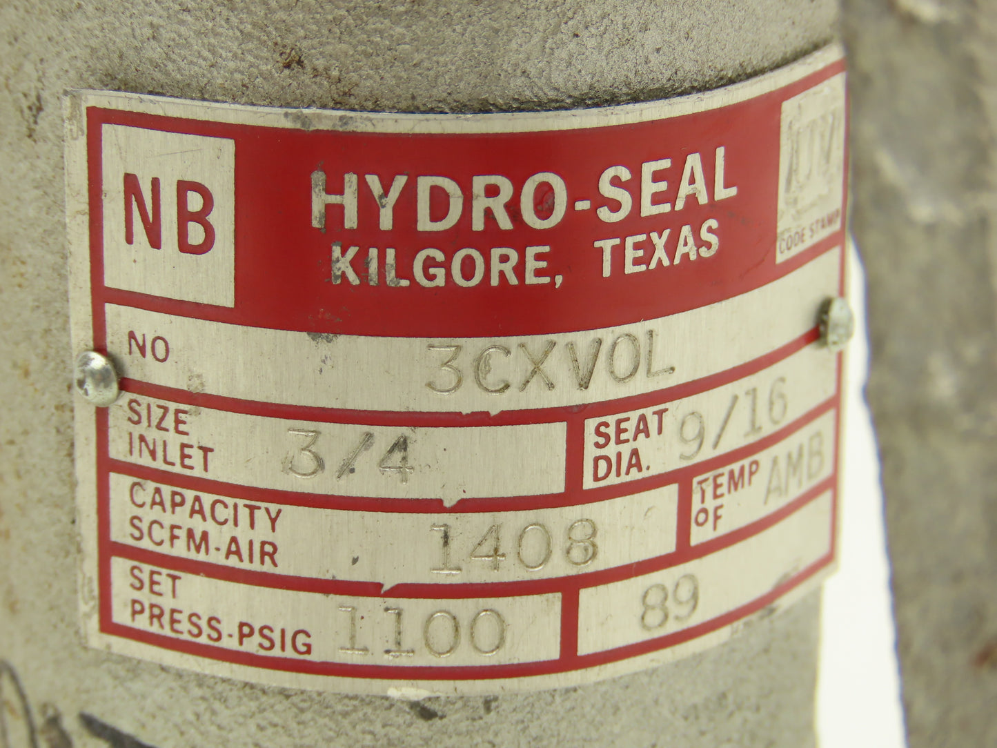 Hydro-Seal 3CXVOL Safety Relief Valve 1100PSI 3/4" NPT In/Out 1408 SCFM