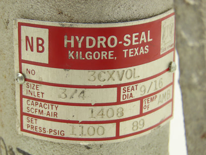 Hydro-Seal 3CXVOL Safety Relief Valve 1100PSI 3/4" NPT In/Out 1408 SCFM