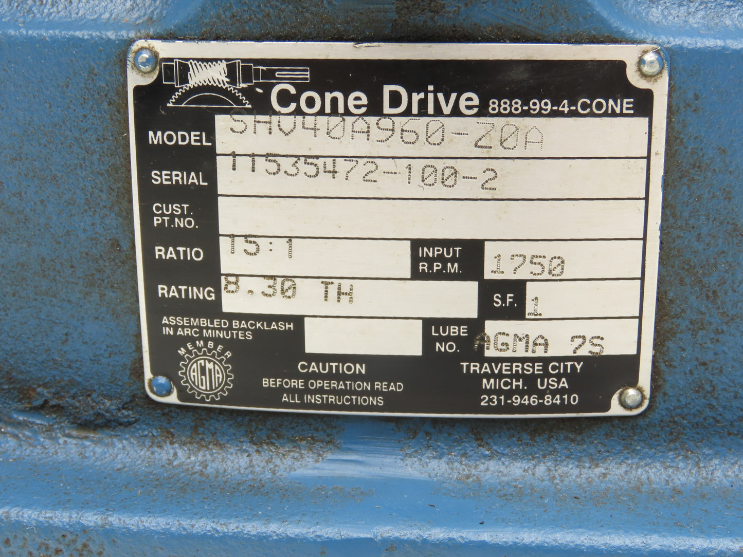 Cone Drive SHV40A960-Z0A Worm Gearbox 15:1 Reducer 117rpm Vertical Hollow Output