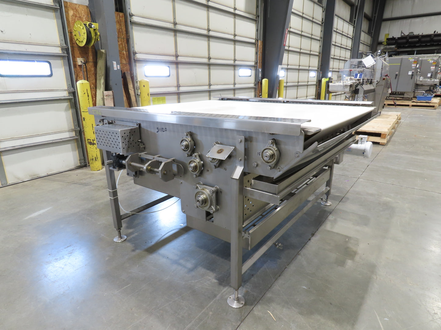Woods 70"W x 74"L Sanitary Food Grade Infeed Conveyor 55"W Belt 480V 3PH 57FPM