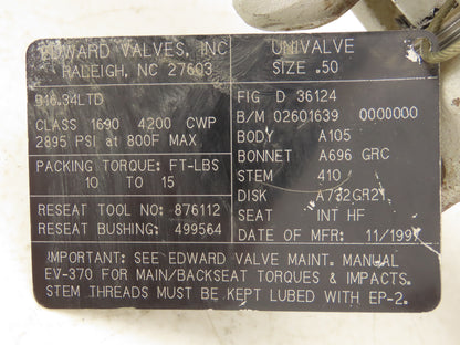 Edward D36124 Univalve Globe Valve Y-Pattern 1/2" Socket Weld 1330psi Class 1690