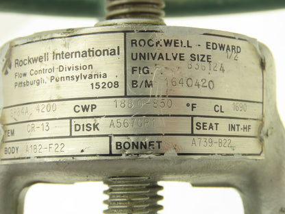 Rockwell Edward B36124 Univalve Globe Valve Y-Pattern 1/2"Socket Weld 1880psi