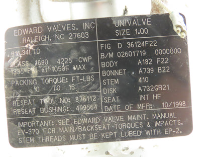 Edward D36124 Univalve Globe Valve Y-Pattern 1" Socket Weld 1335psi Class 1690