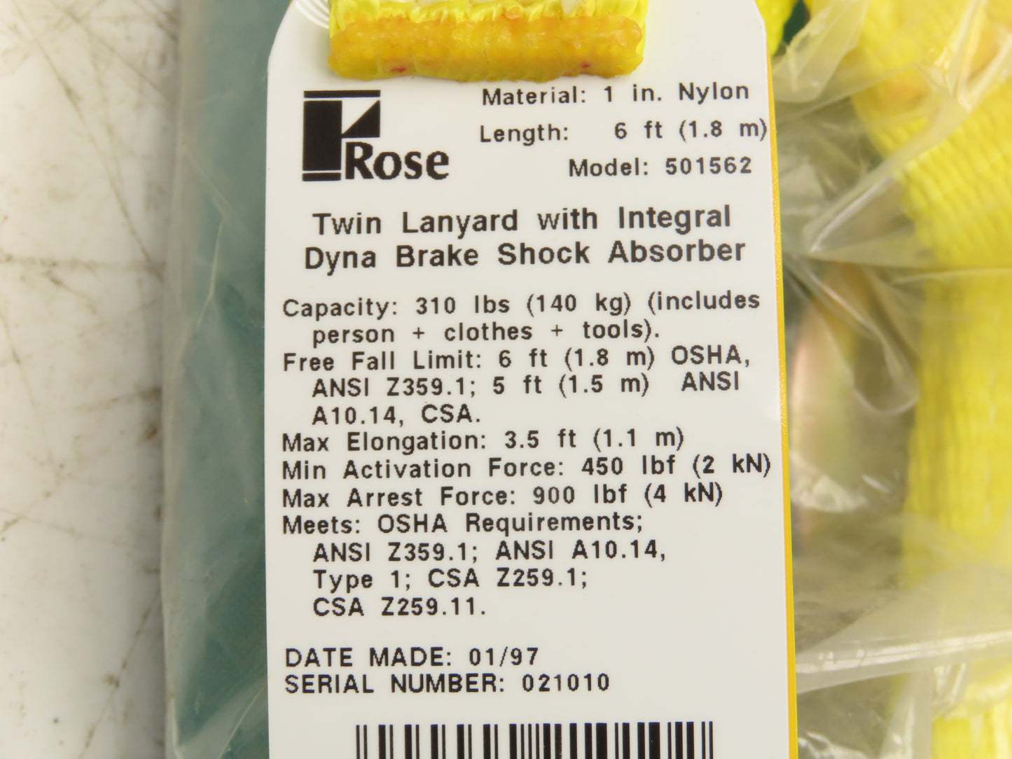 MSA Rose 501562 Twin Lanyard with Dyna Brake Shock Absorber 6Ft  Lot of 2