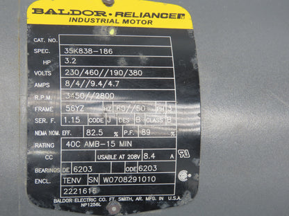 Baldor 35K838-186 Pump Motor 3.2Hp 3450rpm 230/460V 3PH 56YZ Slot Shaft 15-min