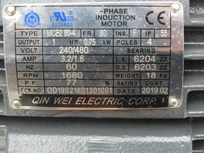 Qin Wei Electric MCE280-4 AC Motor 1Hp 1680rpm 240/480V 3PH IEC80