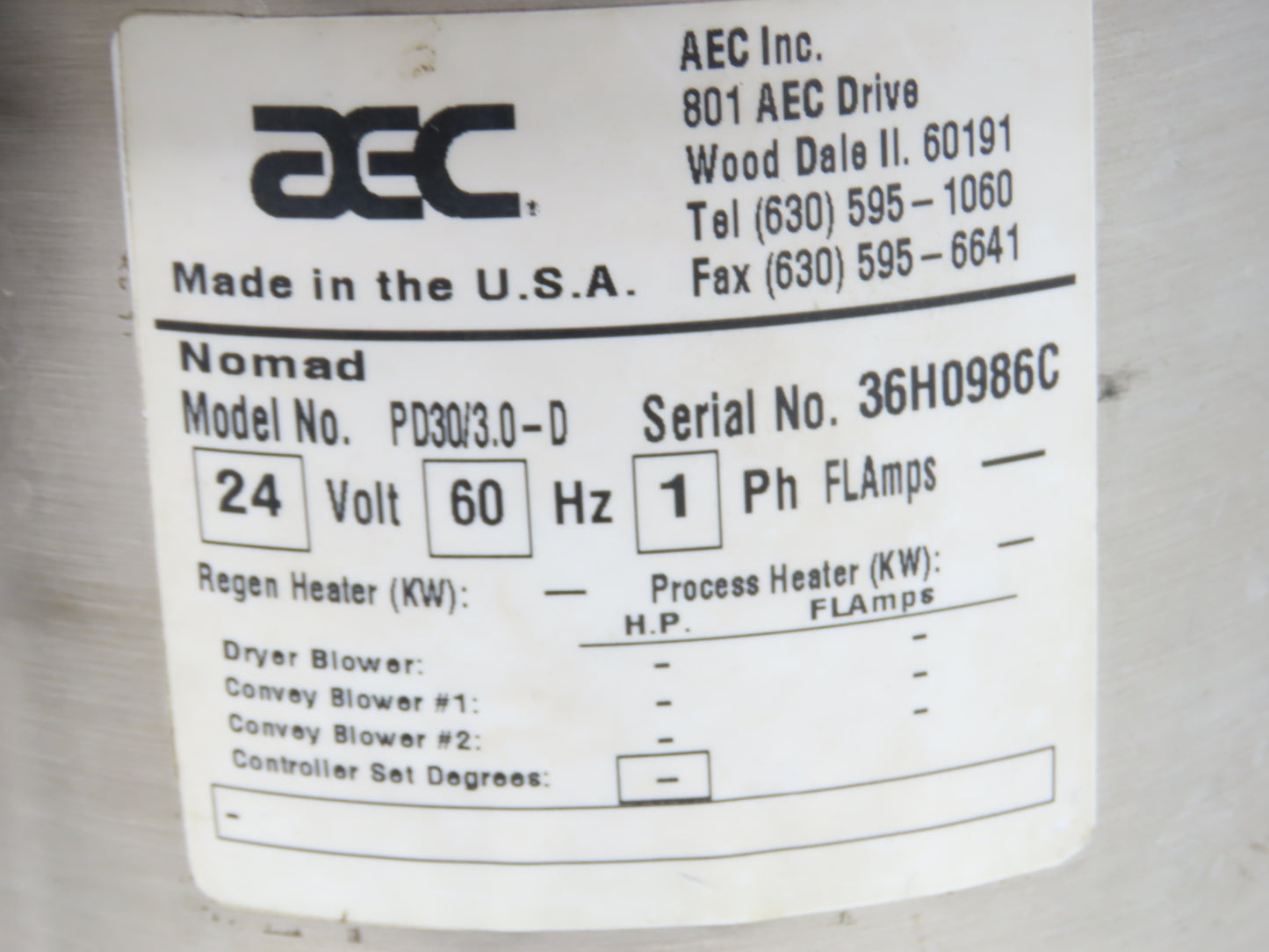 AEC PD30/3.0-D Polymer Dryer for Injection Molding Machine Hopper