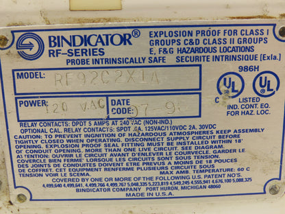 Bindicator RF92C2X1A Level Sensor Indicator 14"Probe 120V Explosion Proof