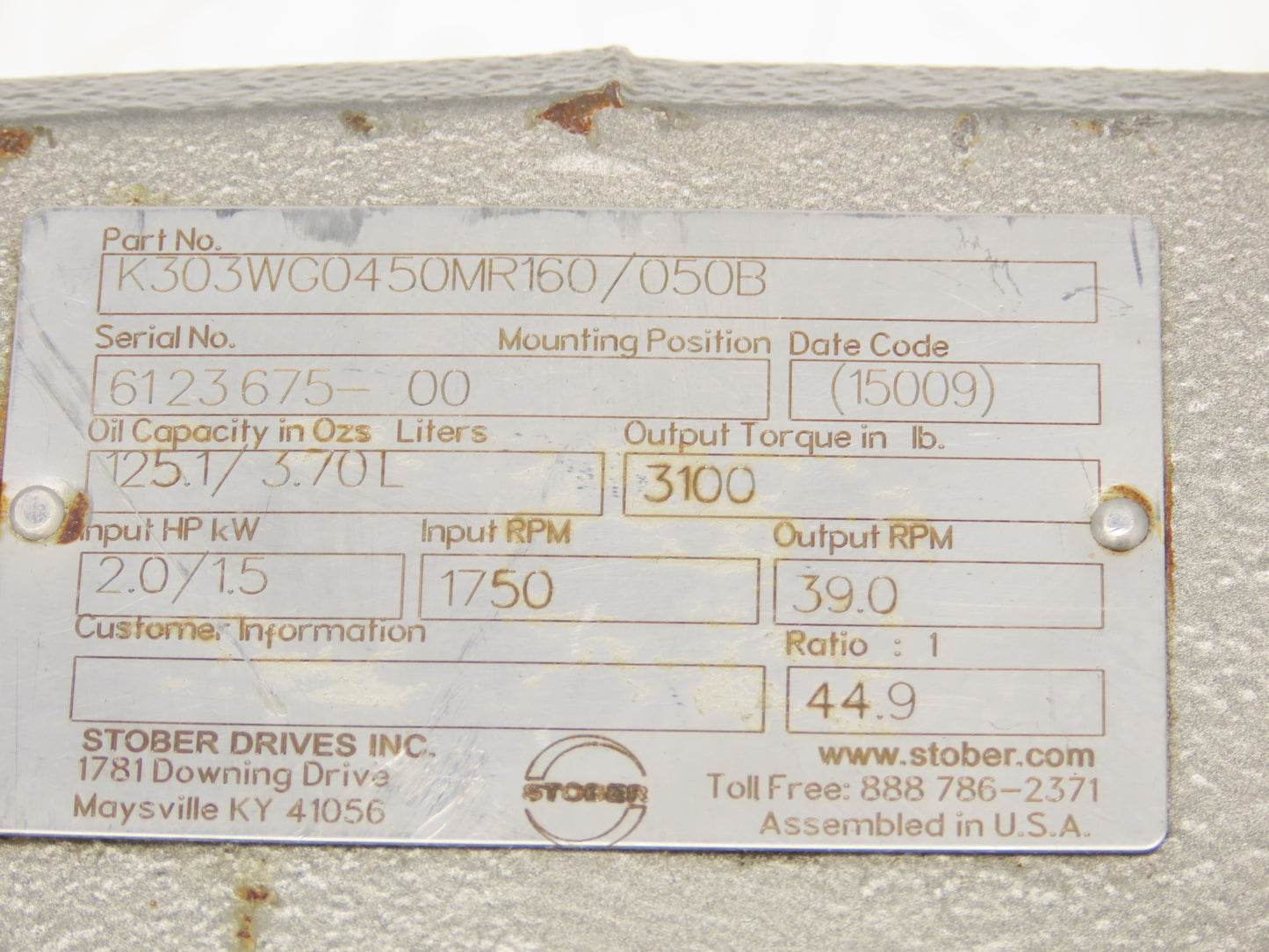Stober K303WG0450MR160/050B Helical Gearbox 44.9 Reducer 39rpm 2Hp Hollow Shaft