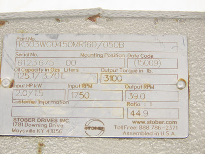 Stober K303WG0450MR160/050B Helical Gearbox 44.9 Reducer 39rpm 2Hp Hollow Shaft