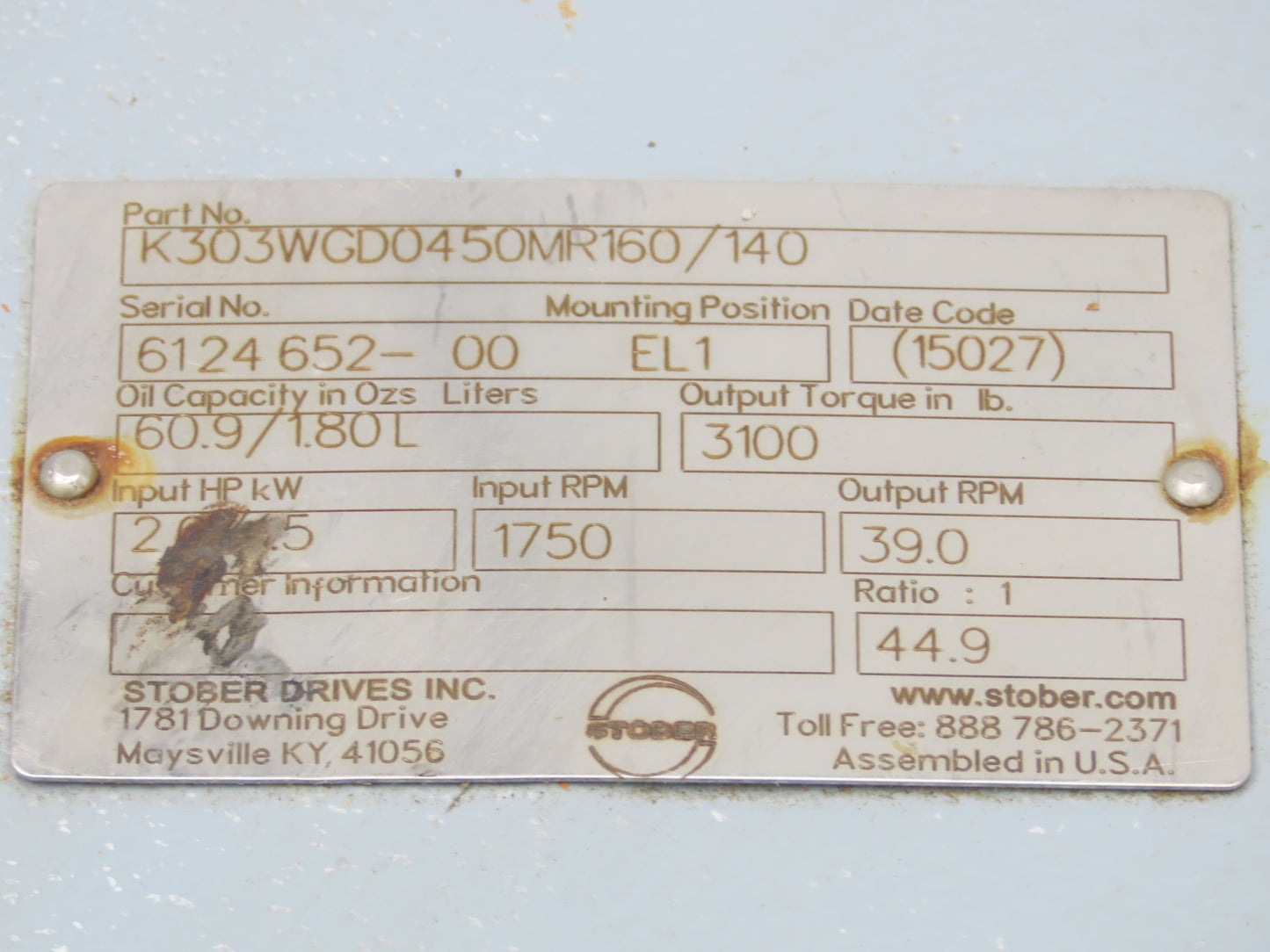 Stober K303WGD0450MR160/140 Helical Gearbox 44.9 Reducer 39rpm 2Hp Hollow Shaft