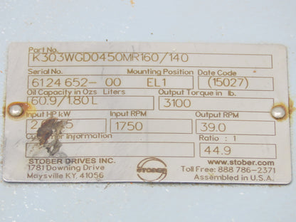 Stober K303WGD0450MR160/140 Helical Gearbox 44.9 Reducer 39rpm 2Hp Hollow Shaft