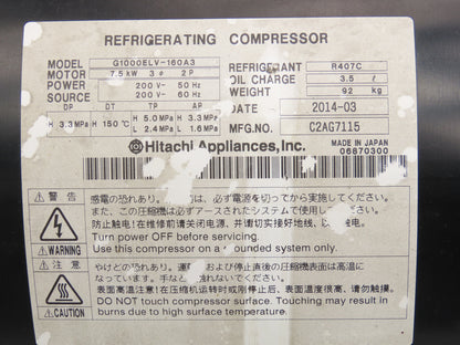Hitachi G1000ELV-160A3 Horizontal Compressor 7.5kW 200V 50/60Hz 3Ph 2P 3.3MPa