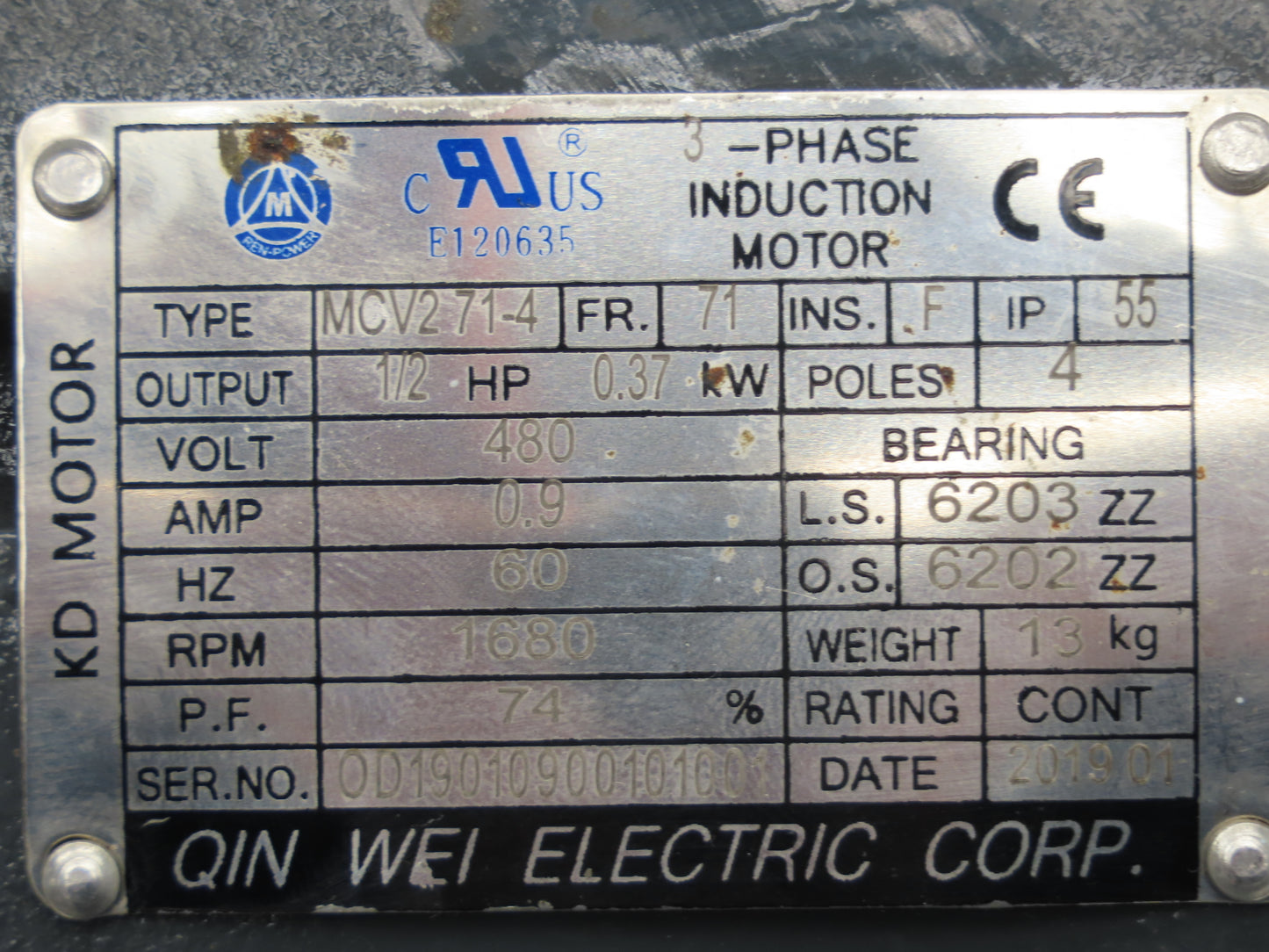 Qin Wei Electric MCV271-4 AC Motor 1/2Hp 1680rpm 480V 3PH IEC71
