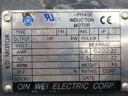 Qin Wei Electric MCV271-4 AC Motor 1/2Hp 1680rpm 480V 3PH IEC71