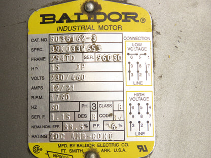 Baldor 5036162-3 AC Motor 15Hp 1760 RPM 230/460V 3PH 254TD Frame