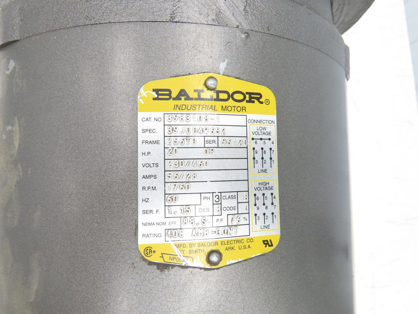 Baldor 3983108-1 AC Motor 20Hp 1760 RPM 230/460V 3PH 256TD Frame