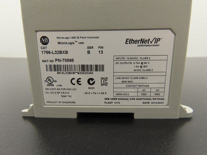 Allen Bradley 1766-L32BXB MicroLogix 1400 Controller Module 32 Point Ser B FW 13