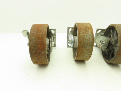 Albion 6" Caster Wheel Cast Iron (2) Swivel Locking (2) Rigid 7-1/2"H Lot of 4