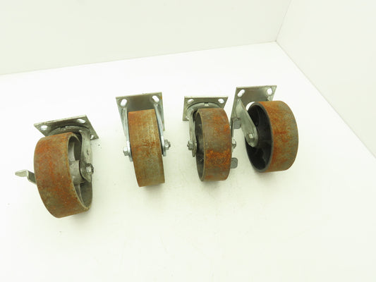 Albion 6" Caster Wheel Cast Iron (2) Swivel Locking (2) Rigid 7-1/2"H Lot of 4