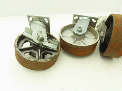 Albion 6" Caster Wheel Cast Iron (2) Swivel Locking (2) Rigid 7-1/2"H Lot of 4