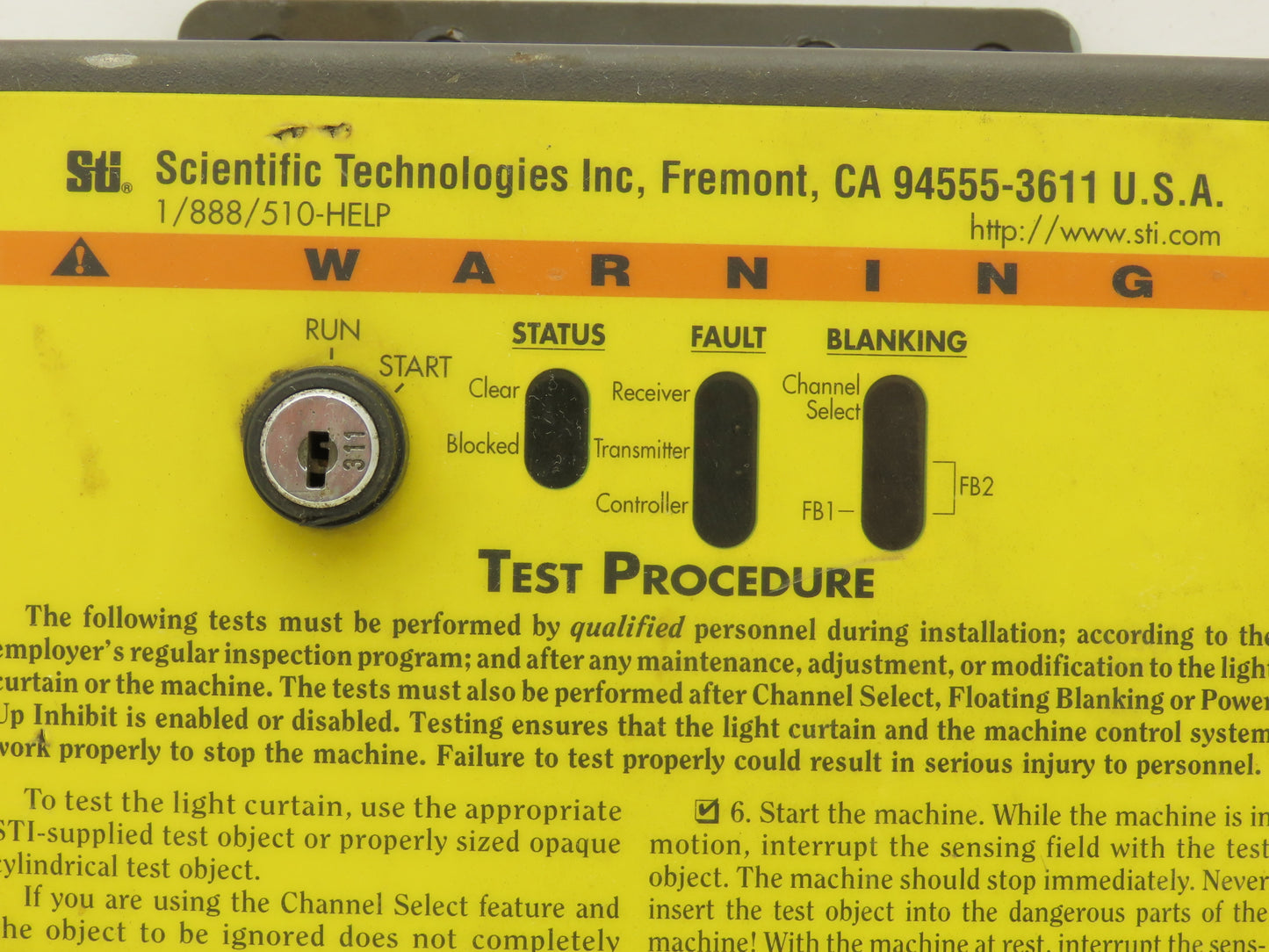 STI 70027-1002 Safety Light Curtain Controller W/Key 115VAC 50/60Hz 30VA