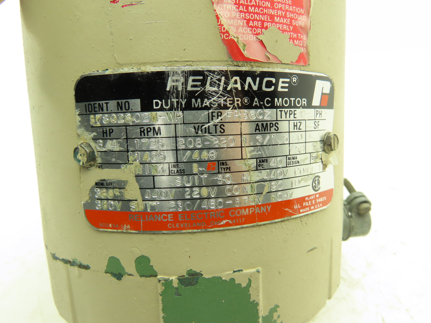 Reliance Duty Master Pump Motor 3/4Hp 1725 RPM 230/460V 3PH FR56CZ Slot Shaft