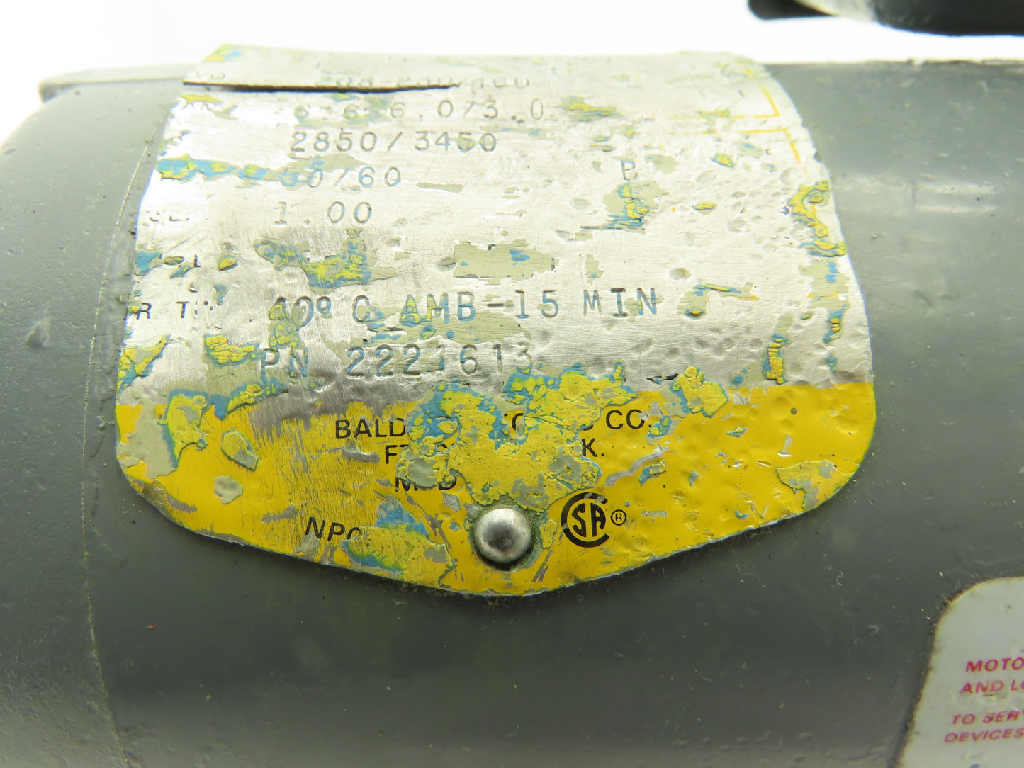 Baldor 2221613 Pump Motor 1Hp 3450rpm 230/460V 3PH 42YZ Slot Shaft 15-Min Duty