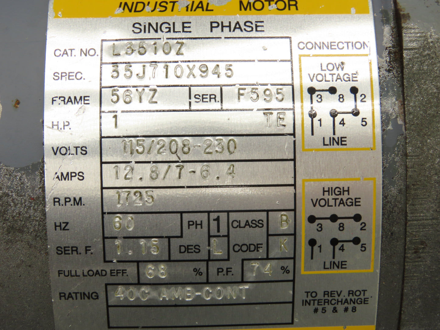 Baldor L3510Z Pump Motor 1Hp 1725rpm 115/208-230V 1PH 56YZ Slot Shaft