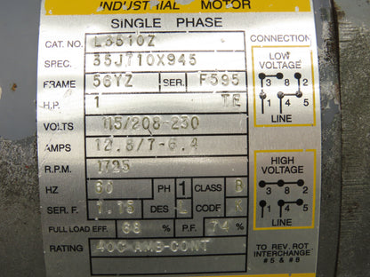 Baldor L3510Z Pump Motor 1Hp 1725rpm 115/208-230V 1PH 56YZ Slot Shaft