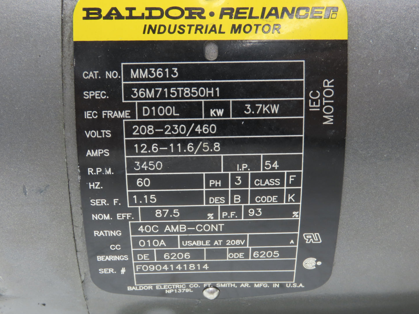 Baldor MM3613 Metric AC Motor 3.7kw 5Hp 3450 RPM 230/460V 3PH IEC D100L