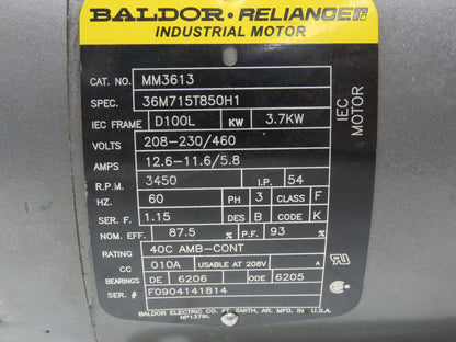 Baldor MM3613 Metric AC Motor 3.7kw 5Hp 3450 RPM 230/460V 3PH IEC D100L