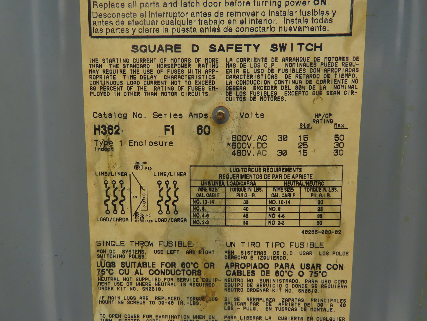 Square D H362 Heavy Duty Fused Safety Disconnect Switch 60A 600VAC Series F1