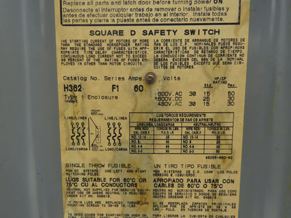 Square D H362 Heavy Duty Fused Safety Disconnect Switch 60A 600VAC Series F1