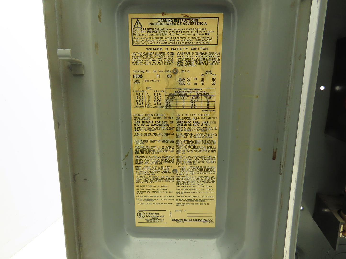 Square D H362 Heavy Duty Fused Safety Disconnect Switch 60A 600VAC Series F1