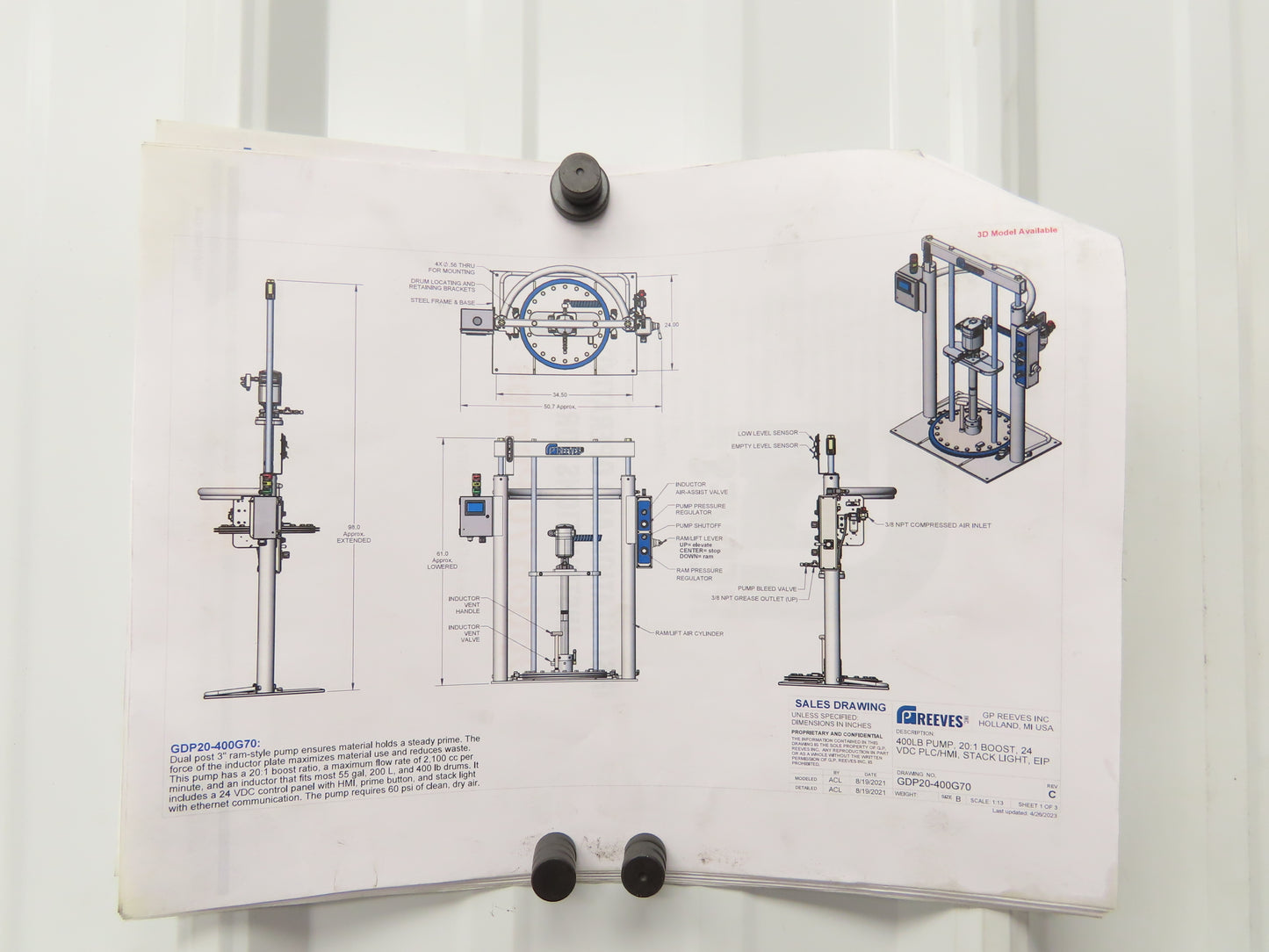 GP Reeves GDP20-400G70 Pneumatic Grease Pump Drum Unloader 55 Gal W/Accessories