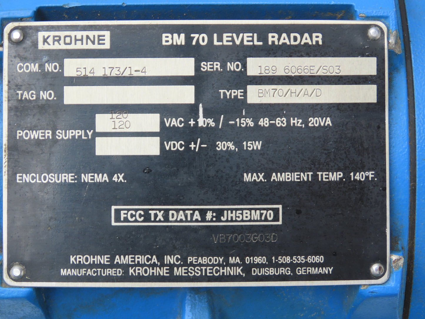 Krohne BM70 Level Radar Digital Signal Processing Volume Distance 120VAC