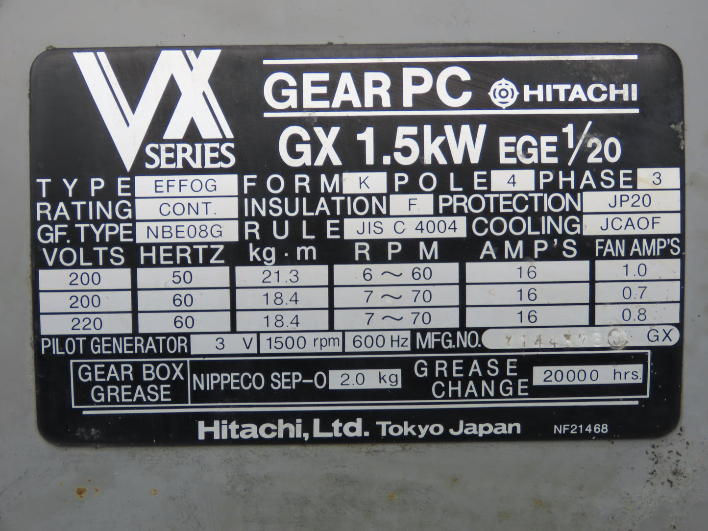 Hitachi Gear PC EFFOG Inline Gearmotor GX 1.5kw EGE 1/20 70 RPM 220V 3PH
