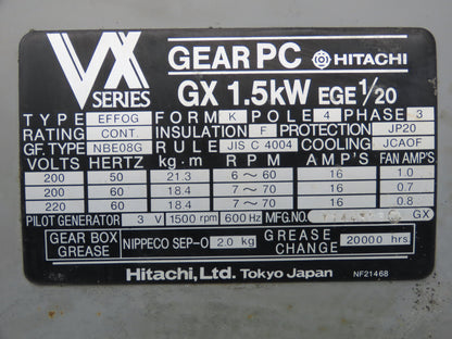 Hitachi Gear PC EFFOG Inline Gearmotor GX 1.5kw EGE 1/20 70 RPM 220V 3PH