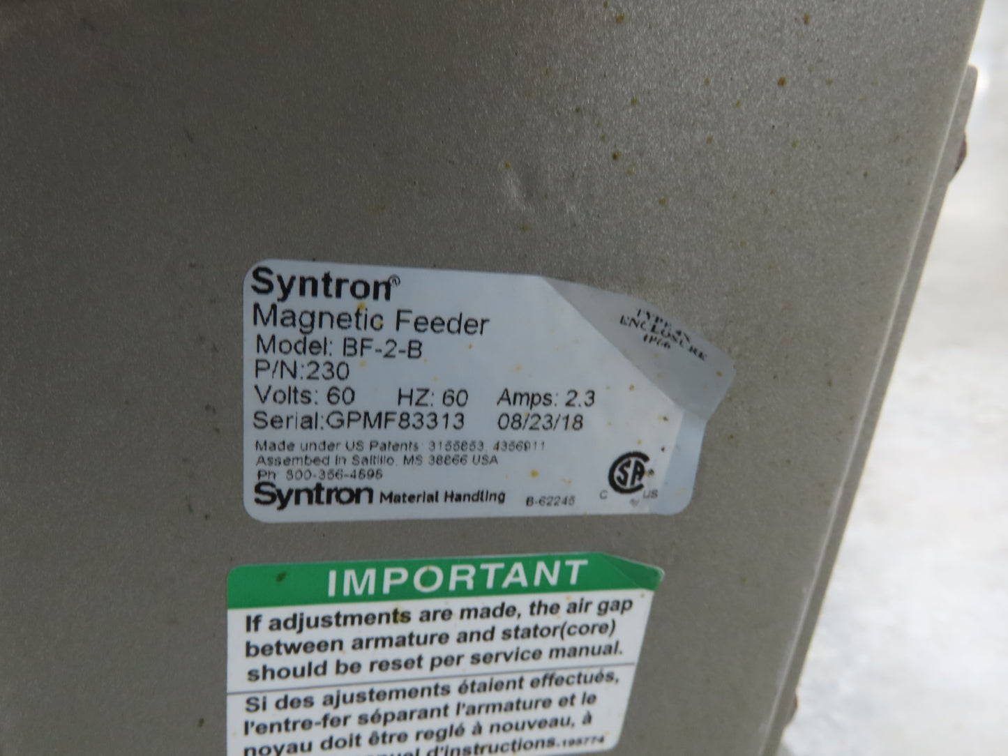Syntron 65" Stainless Vibratory Screen Shaker Feed Conveyor 2.5" SS Food Process