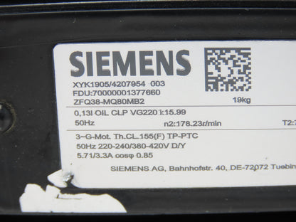 Siemens MQ80MB2 Inline Gearmotor 1.5kw 16:1 Ratio 178rpm 240/420V 50hz IEC 80M