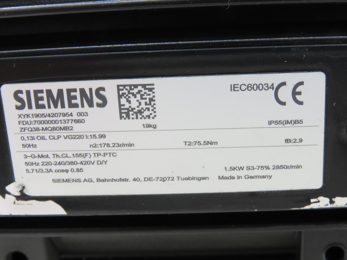 Siemens MQ80MB2 Inline Gearmotor 1.5kw 16:1 Ratio 178rpm 240/420V 50hz IEC 80M