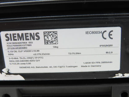 Siemens MQ80MB2 Inline Gearmotor 1.5kw 16:1 Ratio 178rpm 240/420V 50hz IEC 80M