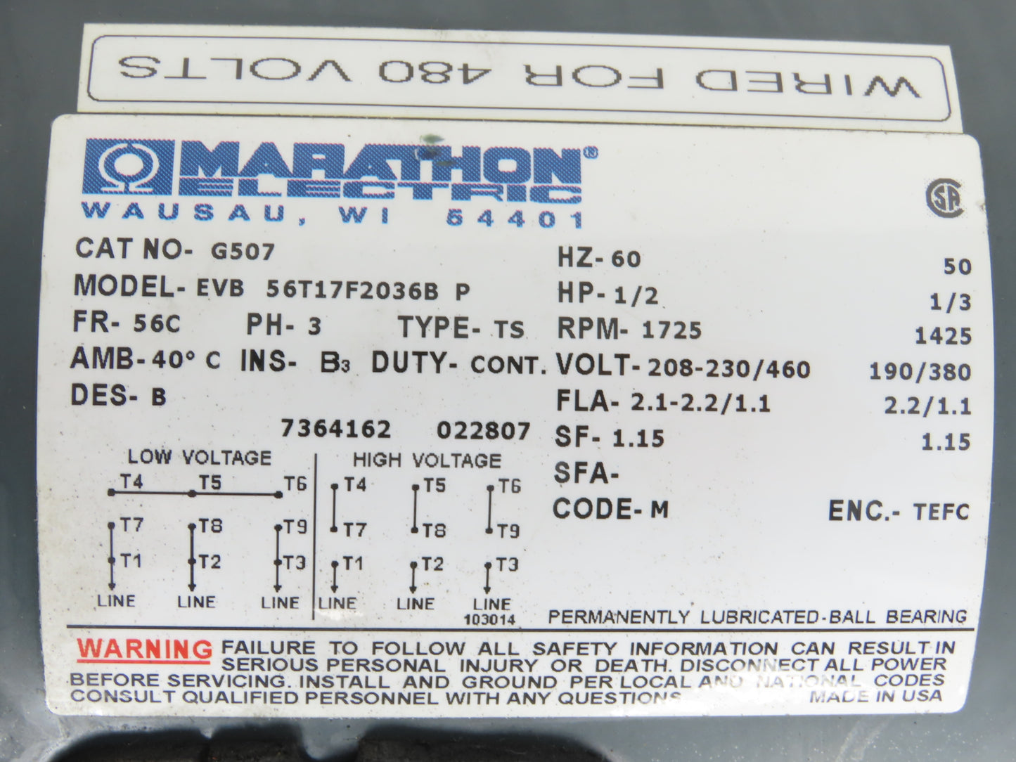 Marathon EVB 56T17F2036B Gearmotor 20:1 Hub City Reducer 88rpm .5Hp 230/460V 56C