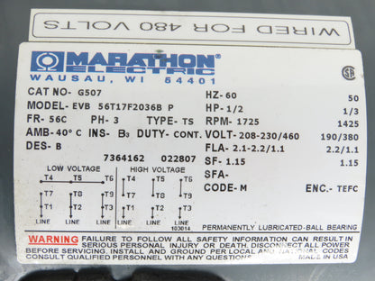 Marathon EVB 56T17F2036B Gearmotor 20:1 Hub City Reducer 88rpm .5Hp 230/460V 56C